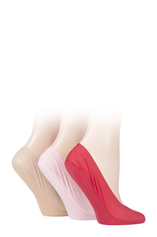 Women's 3 Pair SOCKSHOP Smooth Nylon Shoe Liners Natural / Pink / Red 4-8 Ladies