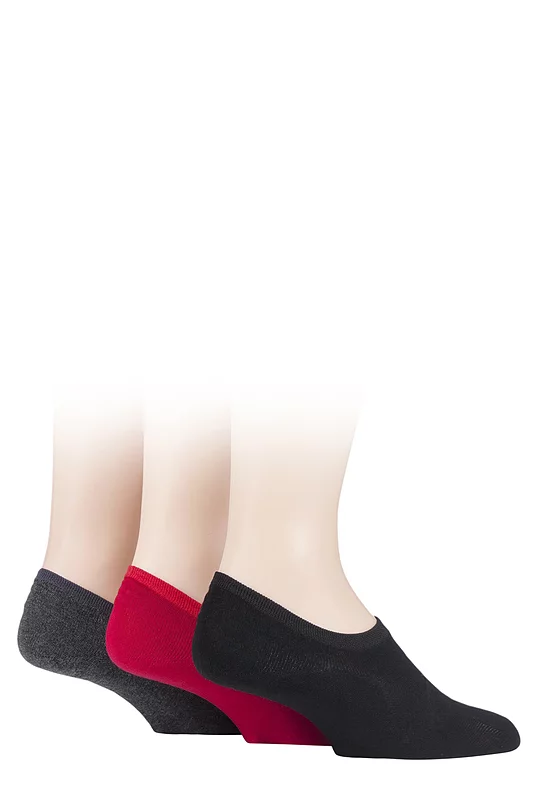 Mens 3 Pair SOCKSHOP Plain Hi Cut Bamboo Liners Red / Charcoal / Black 7-11 Mens