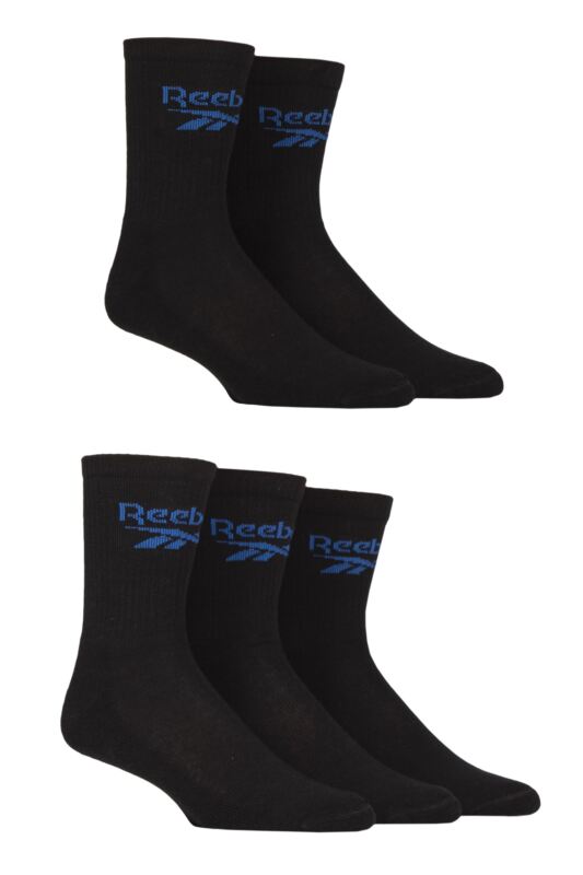 Mens and Women's 5 Pair Reebok Foundation Cotton Crew Socks Black 11-12.5 UK