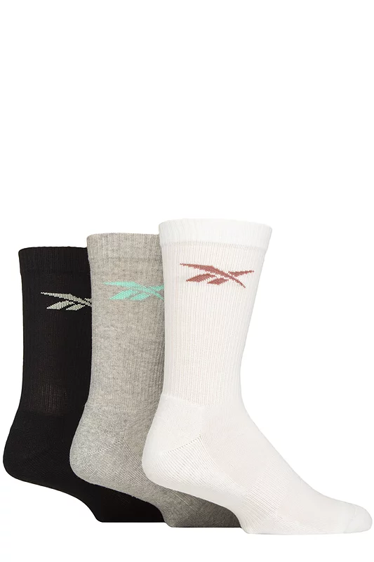 Mens and Women's 3 Pair Reebok Essentials Cotton Crew Socks with Arch Support White / Grey / Black 4.5-6 UK