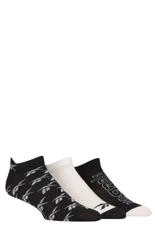 Mens and Women's 3 Pair Reebok Essentials Cotton Trainer Socks with Arch Support Black / White / Black 4.5-6 UK