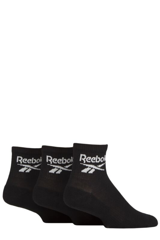 Mens and Women's 3 Pair Reebok Core Cotton Cushioned Ankle Socks Black 8.5-10 UK