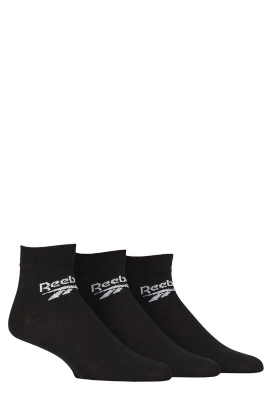 Mens and Women's 3 Pair Reebok Core Cotton Ankle Socks Black 11-12.5 UK