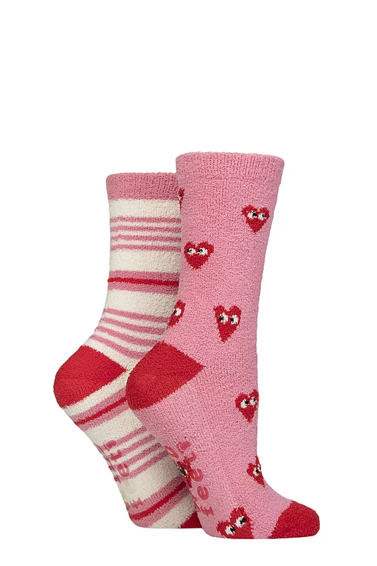 Women's 2 Pair SOCKSHOP Wildfeet Embroidered Cosy Lounge Socks Hearts and Stripes 4-8