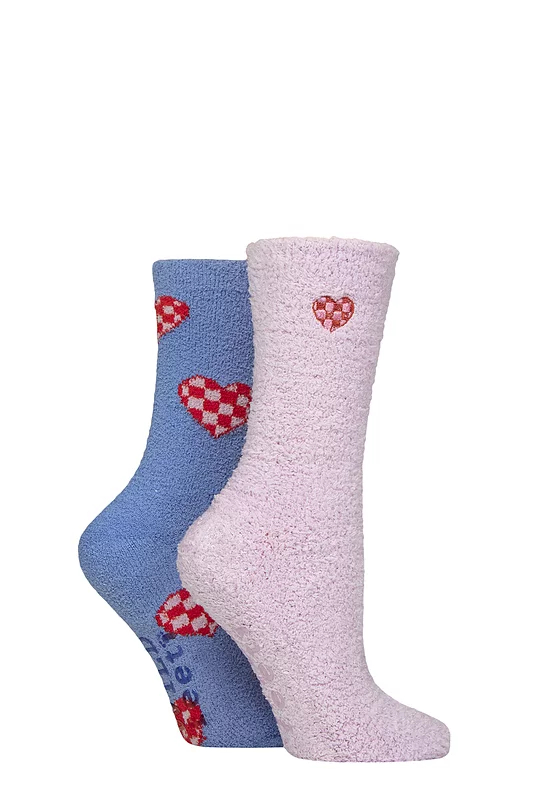 Women's 2 Pair SOCKSHOP Wildfeet Embroidered Cosy Lounge Socks Checker Hearts 4-8
