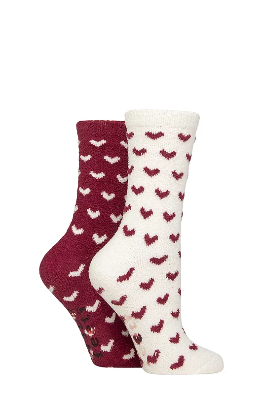 Women's 2 Pair SOCKSHOP Wildfeet Embroidered Cosy Lounge Socks Mini Hearts 4-8