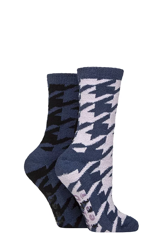 Women's 2 Pair SOCKSHOP Wildfeet Embroidered Cosy Lounge Socks Dog Tooth 4-8