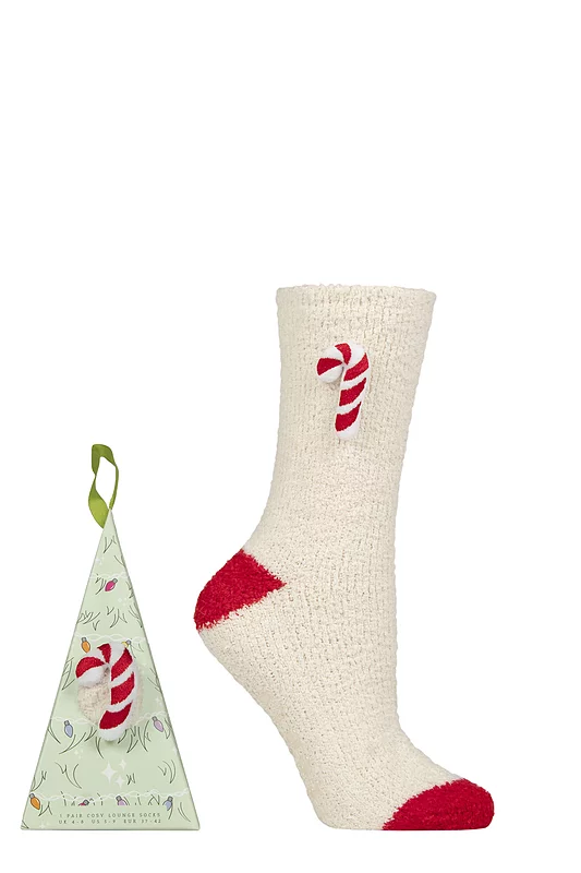 Women's 1 Pair SOCKSHOP Wildfeet Gift Boxed Novelty Fluffy Lounge Socks Candy Cane 4-8