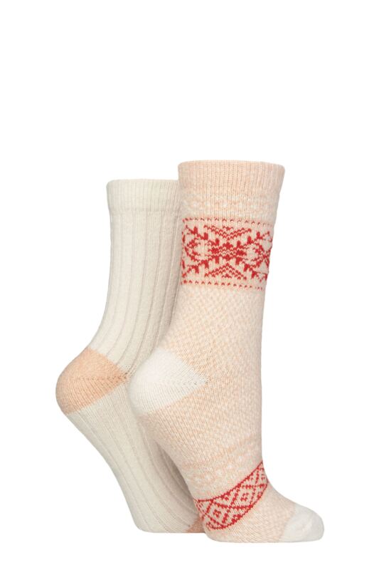 Women's 2 Pair SOCKSHOP Wildfeet Leisure to Lounge Socks Fair Isle White / Red 4-8