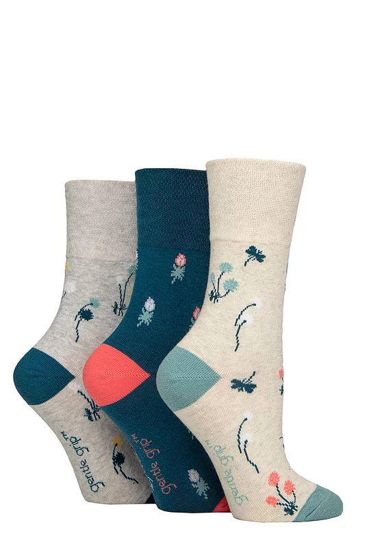Women's 3 Pair Gentle Grip RHS Royal Horticultural Society Patterned Cotton Socks Floral Contrast 4-8