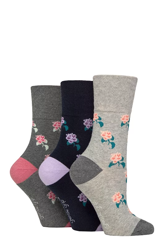 Women's 3 Pair Gentle Grip RHS Royal Horticultural Society Patterned Cotton Socks Roses 4-8