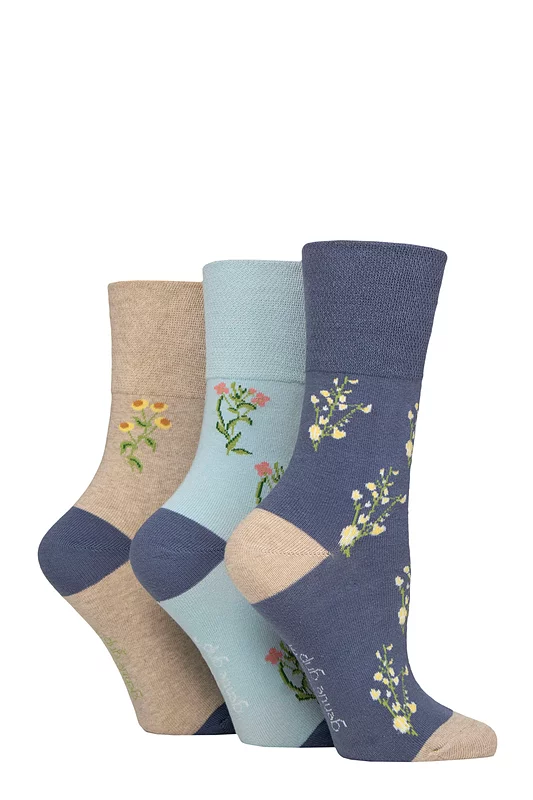 Women's 3 Pair Gentle Grip RHS Royal Horticultural Society Patterned Cotton Socks Floral 4-8