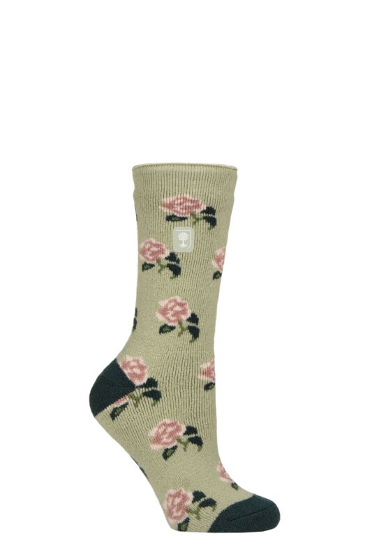 Women's 1 Pair SOCKSHOP Heat Holders 1.6 TOG Lite RHS The Royal Horticultural Society Thermal Socks Roses Sage 4-8