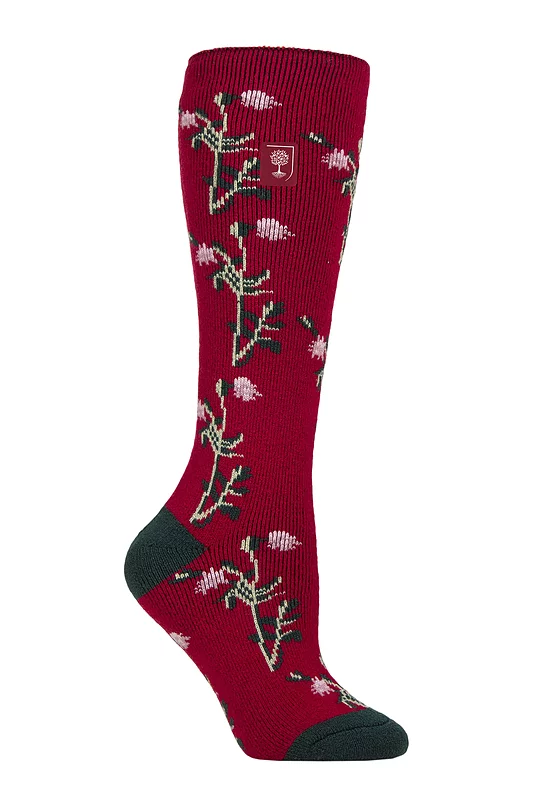Women's 1 Pair SOCKSHOP Heat Holders 1.6 TOG Lite RHS The Royal Horticultural Society Thermal Wellington Boot Socks Floral Cerise 4-8