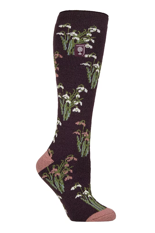 Women's 1 Pair SOCKSHOP Heat Holders 1.6 TOG Lite RHS The Royal Horticultural Society Thermal Wellington Boot Socks Snowdrops Mulberry 4-8