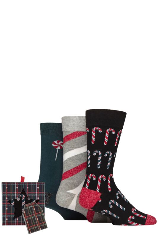 Mens 3 Pair SOCKSHOP Wildfeet Cotton Christmas Socks in Tartan Gift Box