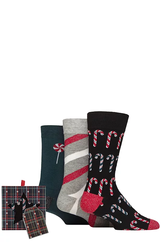 Mens 3 Pair SOCKSHOP Wildfeet Cotton Christmas Socks in Tartan Gift Box Candy Canes 7-11 Mens