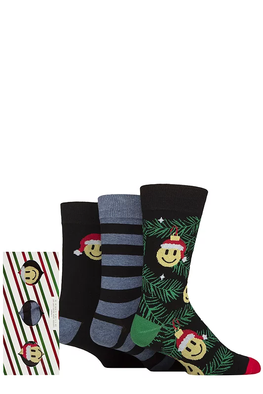 Mens 3 Pair SOCKSHOP Wildfeet Cotton Christmas Socks in Candy Cane Gift Box Smiley Face Baubles 7-11 Mens