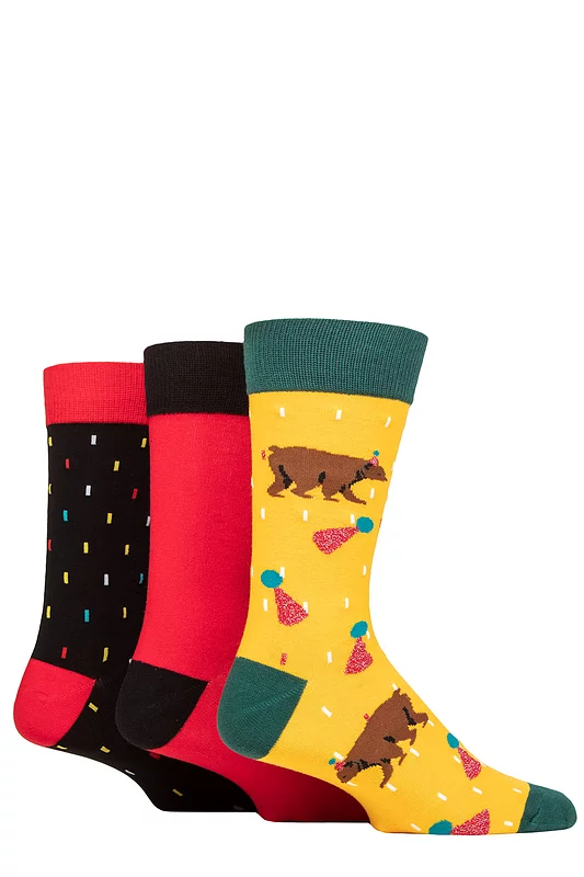 Mens 3 Pair Wildfeet Novelty Patterned Cotton Socks Grizzly Bear UK 7-11