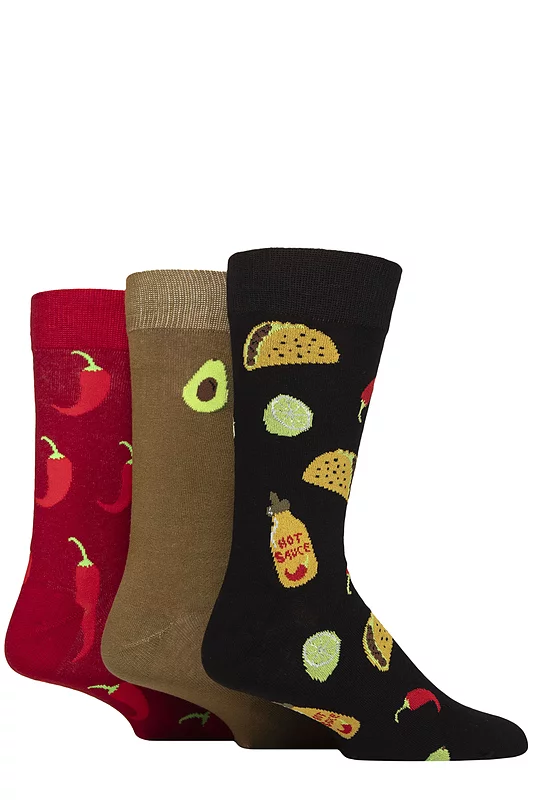 Mens 3 Pair Wildfeet Novelty Patterned Cotton Socks Taco / Avocado / Chilli 7-11