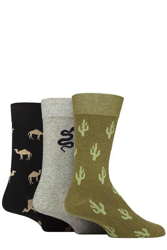 Mens 3 Pair Wildfeet Novelty Patterned Cotton Socks Cactus / Snake / Camel 7-11