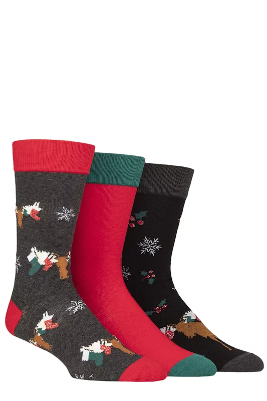 Mens 3 Pair SOCKSHOP Wildfeet Cotton Christmas Gift Socks Moose 7-11