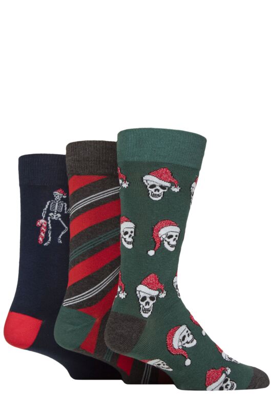 Mens 3 Pair SOCKSHOP Wildfeet Cotton Christmas Gift Socks Festive Skeletons 7-11