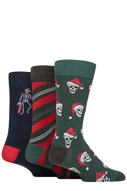 Mens 3 Pair SOCKSHOP Wildfeet Cotton Christmas Gift Socks Festive Skeletons 7-11