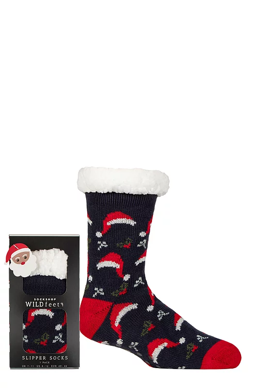 Mens 1 Pair SOCKSHOP Wildfeet Christmas Slipper Socks in Santa Patterned Gift Box Christmas Hats 7-11