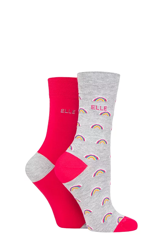 Women's 2 Pair Elle Bamboo Patterned and Plain Socks Bright Rainbow 4-8 Ladies