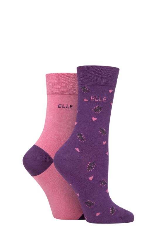 Women's 2 Pair Elle Bamboo Patterned and Plain Socks Wild Rose 4-8 Ladies