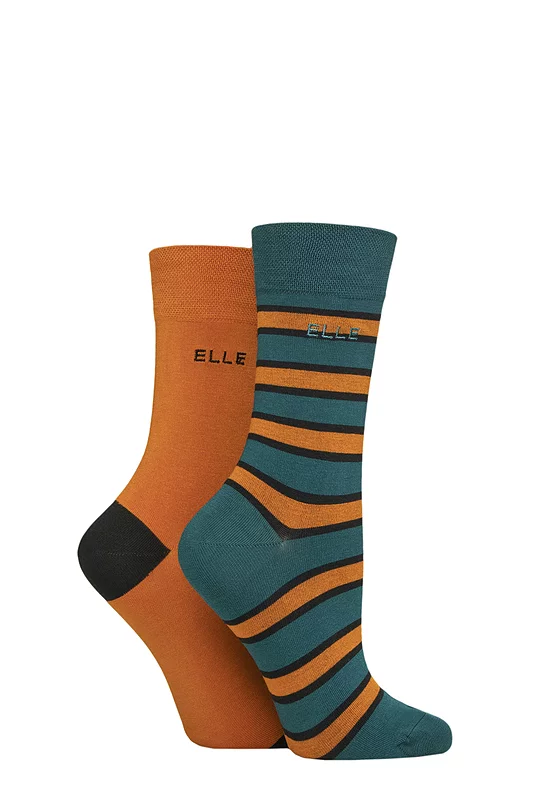 Women's 2 Pair Elle Bamboo Striped and Plain Socks Marmalade 4-8