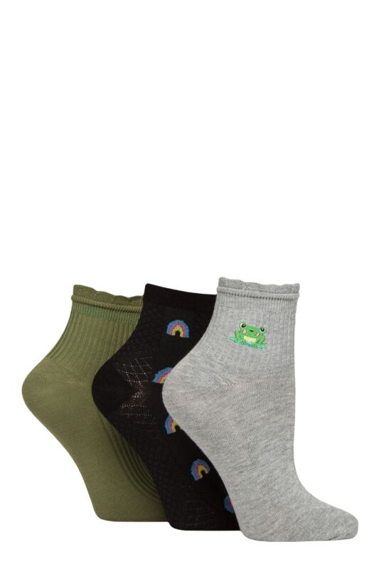Women's 3 Pair Elle Frill Welt Ribbed Bamboo Anklet Socks Frog 4-8