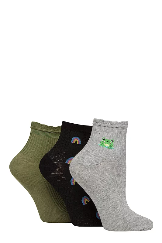 Women's 3 Pair Elle Frill Welt Ribbed Bamboo Anklet Socks