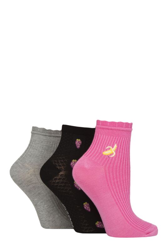 Women's 3 Pair Elle Frill Welt Ribbed Bamboo Anklet Socks Pink Fruits 4-8