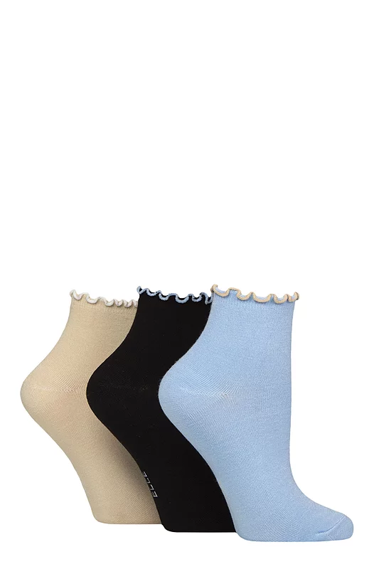 Women's 3 Pair Elle Contrast Frill Welt Bamboo Ankle Socks Leopard Noir 4-8