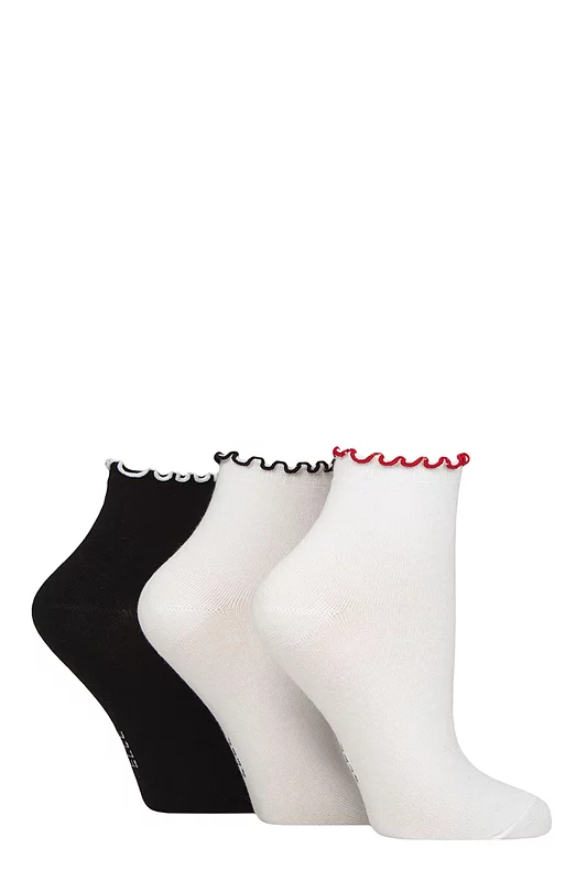 Women's 3 Pair Elle Contrast Frill Welt Bamboo Ankle Socks