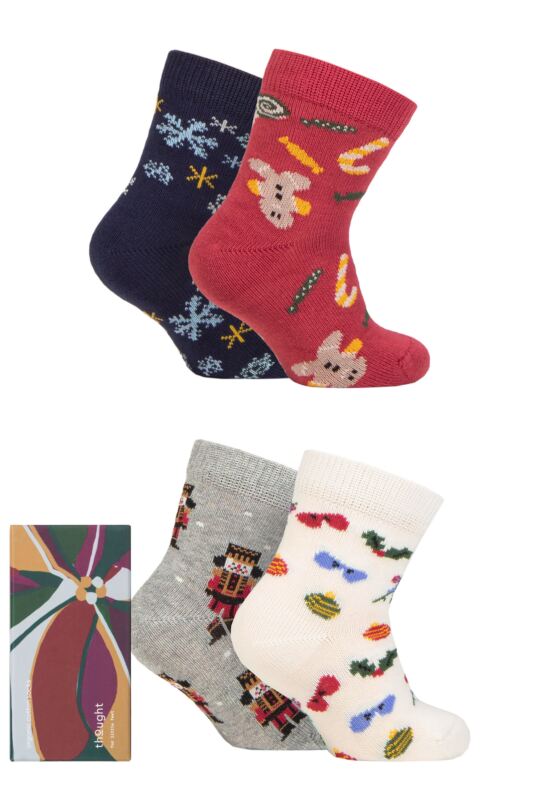 Kids 4 Pair Thought Noel Christmas Organic Cotton Gift Boxed Socks
