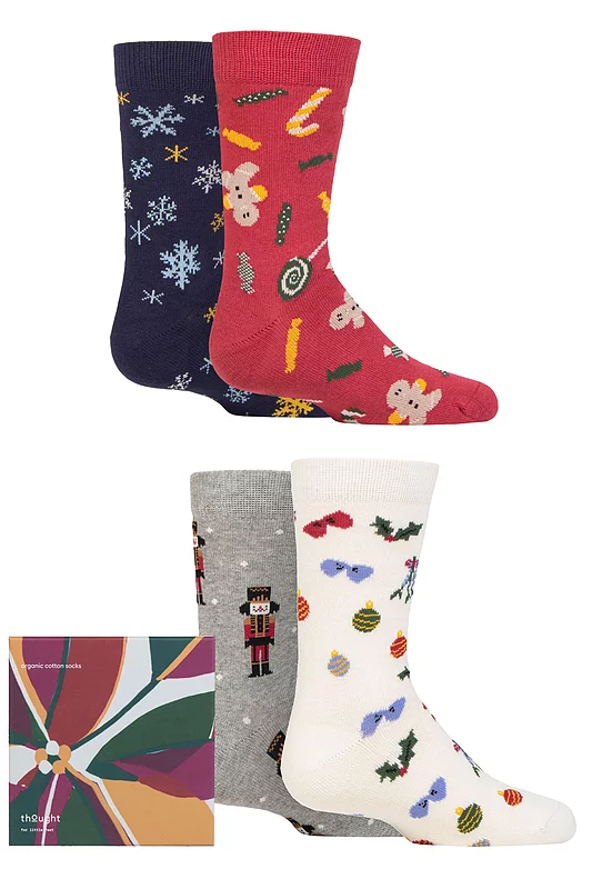 Kids 4 Pair Thought Noel Christmas Organic Cotton Gift Boxed Socks Multi Kids 2-3 Years