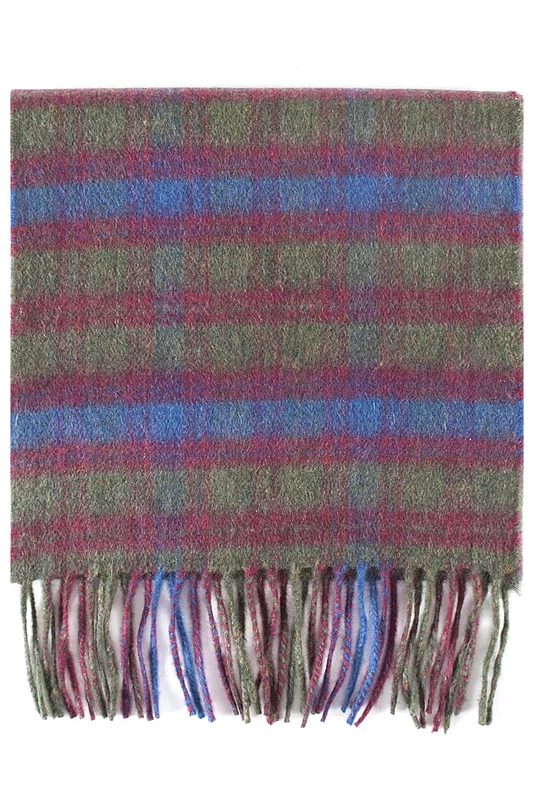 Mens and Women's Great & British Knitwear Made In Scotland Check 100% Cashmere Scarf Olive Red / Blue One Size