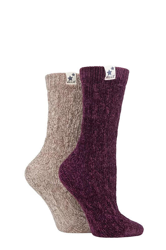 Women's 2 Pair Elle Cable Knit Chenille Boot Socks Damson / Gold 4-8 Ladies