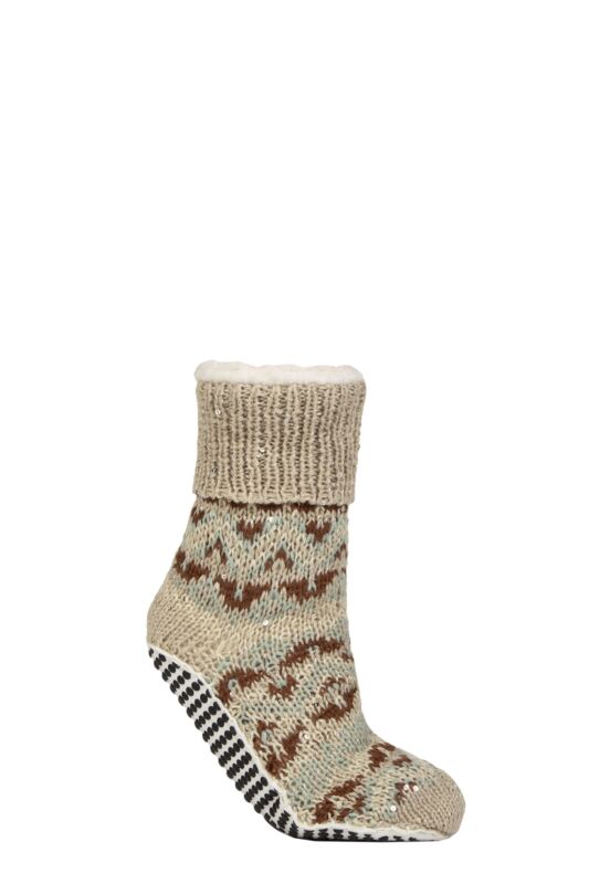 Women's 1 Pair Elle Chunky Fair Isle and Striped Moccasin Grip Socks Classic Beige 4-8