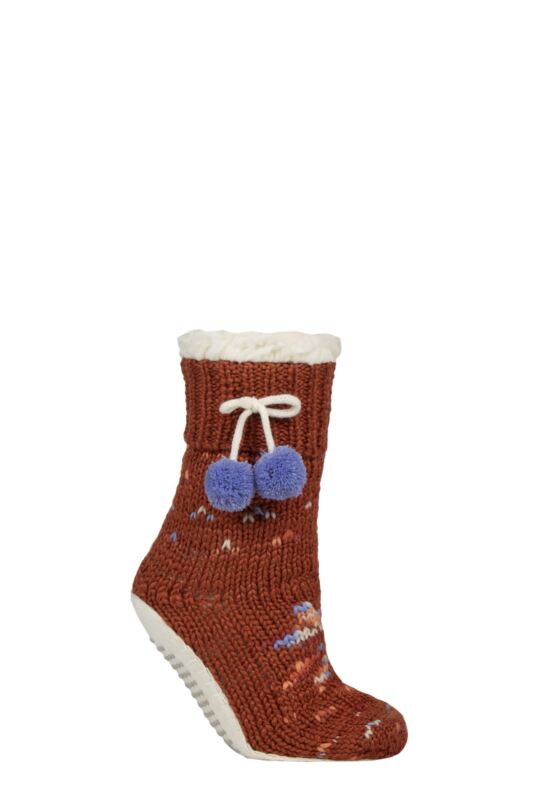 Women's 1 Pair Elle Chunky Sherpa Lined Cosy Moccasin Socks with Pom Pom Coral Blaze 4-8