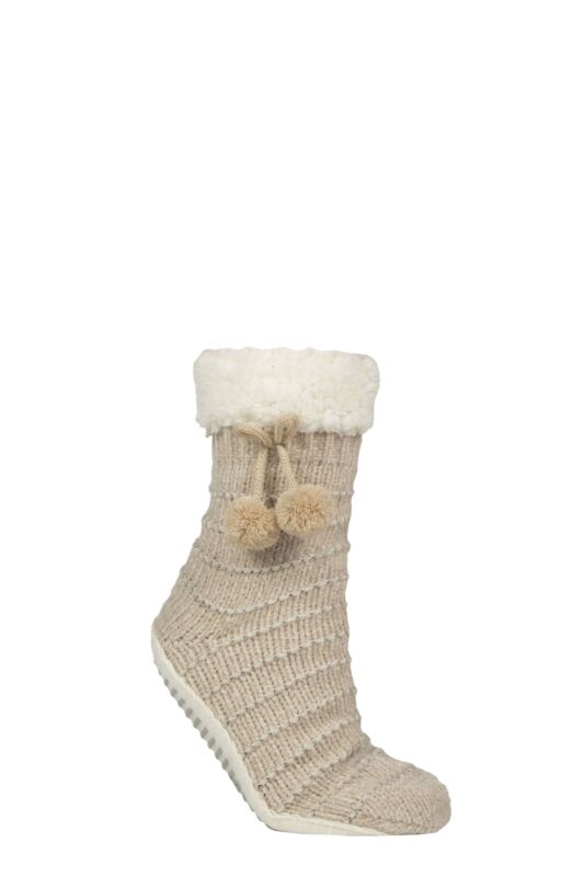 Women's 1 Pair Elle Chenille Slipper Socks with Moccasin Sole Stone 4-8