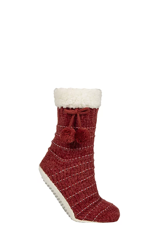 Women's 1 Pair Elle Chenille Slipper Socks with Moccasin Sole Wild Poppy 4-8