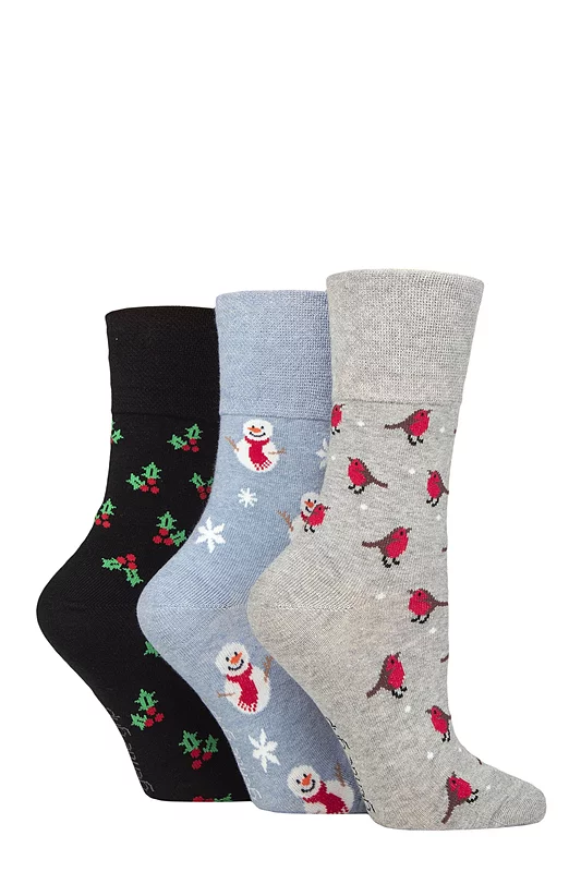 Women's 3 Pair SOCKSHOP Gentle Grip Cotton Christmas Socks Noel 4-8