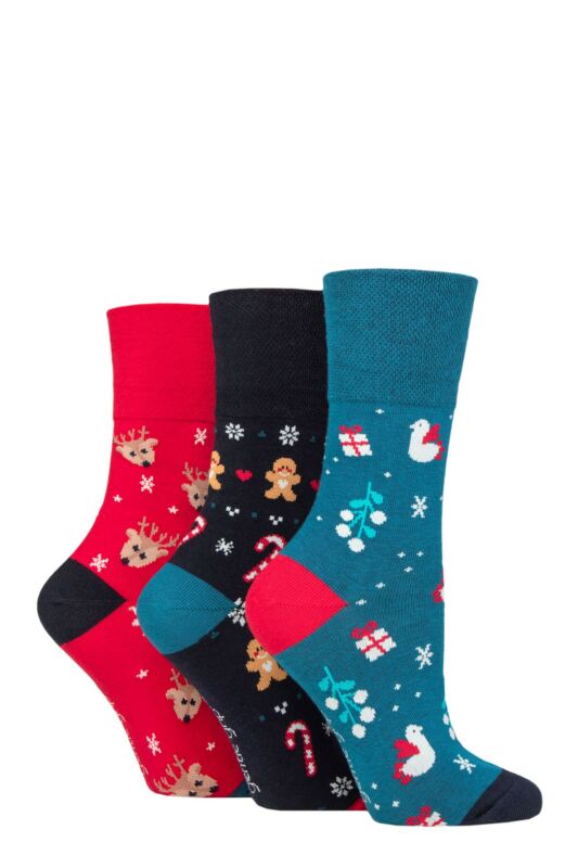 Women's 3 Pair SOCKSHOP Gentle Grip Cotton Christmas Socks