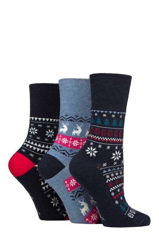 Women's 3 Pair SOCKSHOP Gentle Grip Cotton Christmas Socks