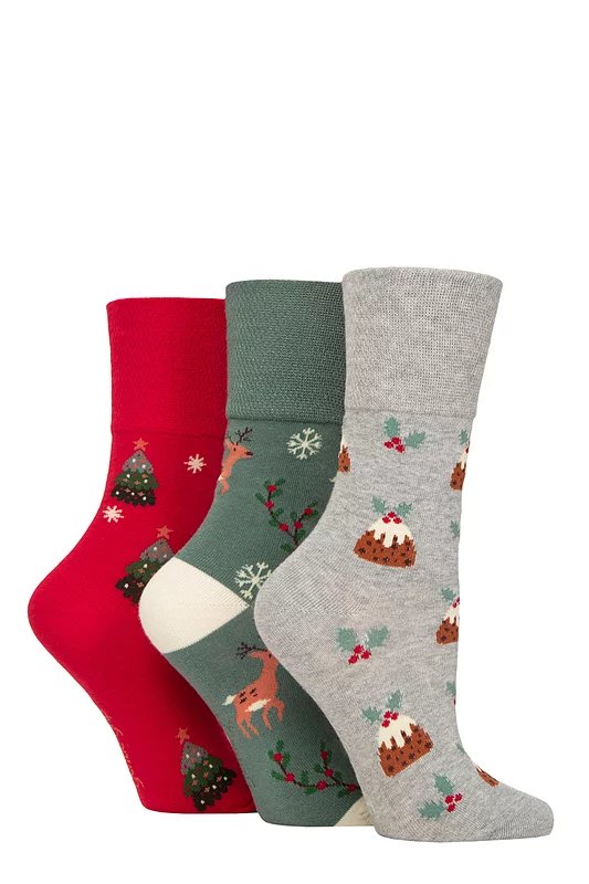 Women's 3 Pair SOCKSHOP Gentle Grip Cotton Christmas Socks Pudding / Reindeer / Tree 4-8