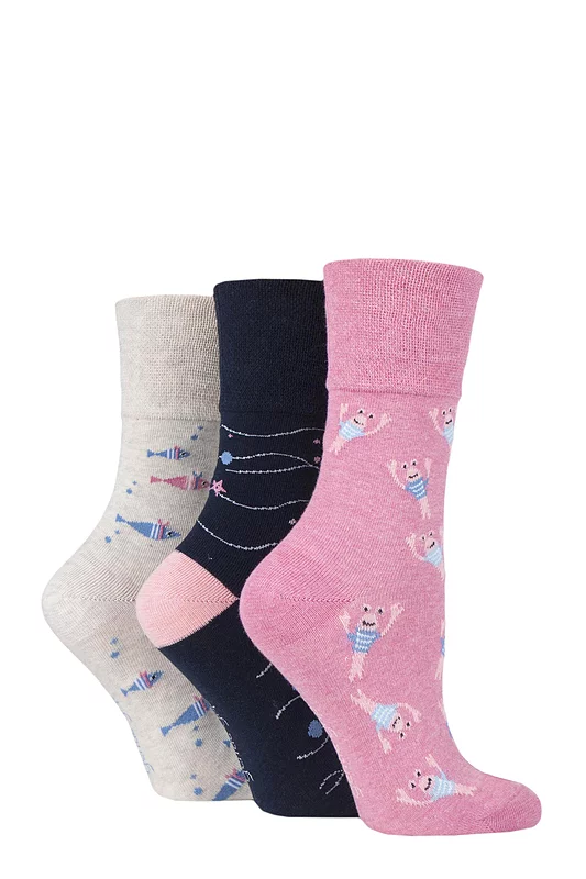 Women's 3 Pair Gentle Grip Fun Feet Socks Seabed 4-8 Ladies